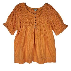 Sundance BOHO Top Blouse Women's Large Orange Puff Sleeves Beachy Peasant Coast